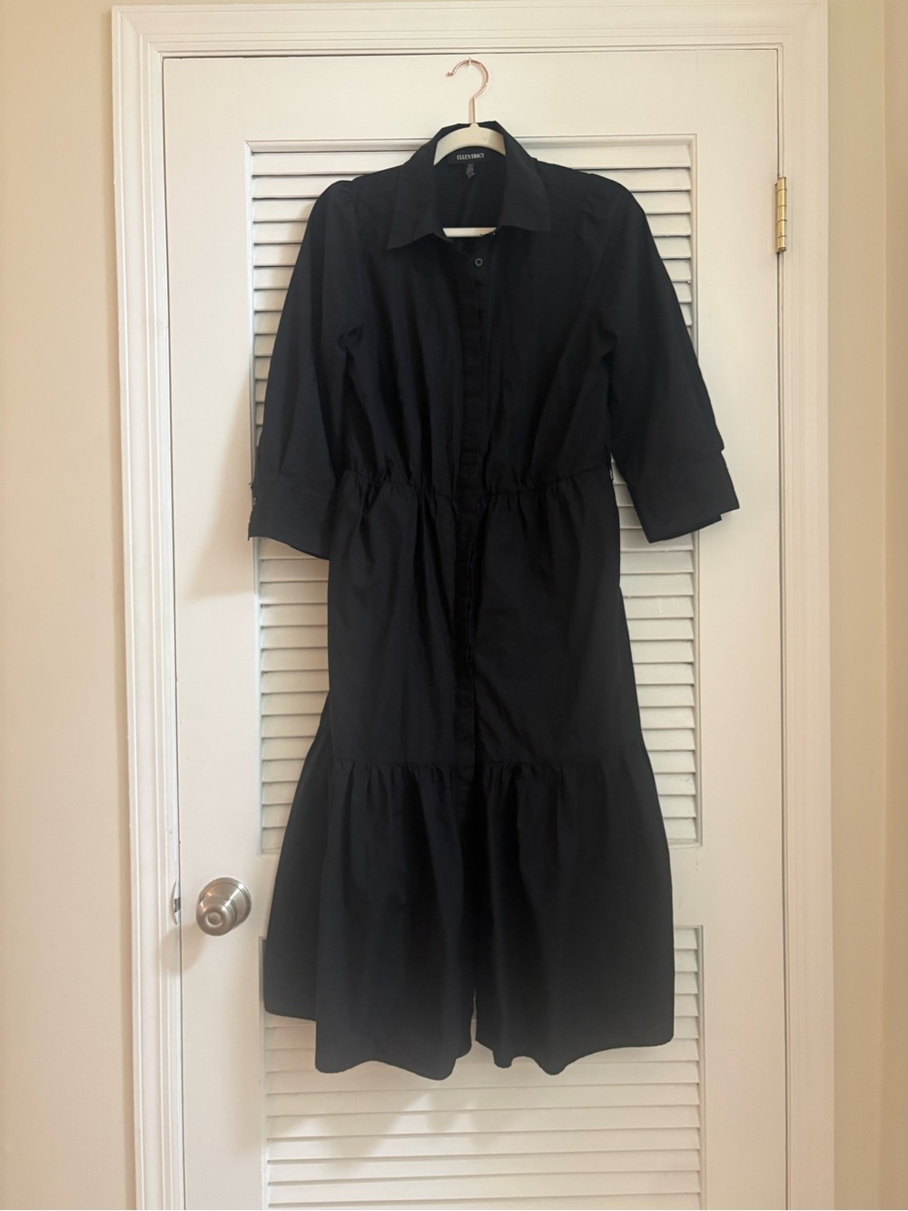 Ellen Tracy Black Button-Front Tiered Midi Dress with Drawstring Waist